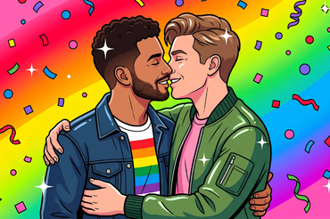 Colorful illustration of two men embracing and about to kiss in front of a rainbow background with confetti and sparkles.”