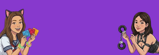 Purple background showing two women facing inward: one on the left holding colorful condoms and wearing playful cat-ear accessories, and one on the right holding a pair of handcuffs, both smiling and representing sexual wellness products.