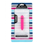 Retail packaging display showing the pink Lovetoy X-Basic bullet vibrator visible inside its striped hanging pouch with clear front window.
