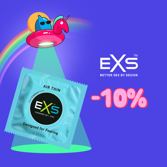 Promotional banner featuring an EXS Air Thin condom packet under a cartoon UFO beam with a rainbow background. The design includes the EXS logo, the slogan “Better Sex by Design,” and a bold “-10%” discount offer on a purple background.
