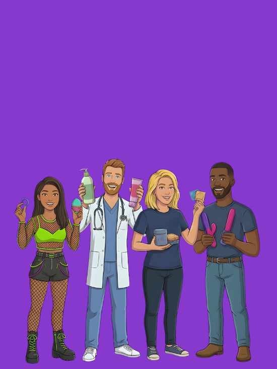 Illustrated group of four diverse adults standing against a purple background, each holding different personal care or sexual wellness products, smiling and facing forward.