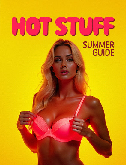A bright yellow banner featuring a woman in a vibrant neon pink bra on the right side. On the left, bold pink text reads 'HOT STUFF' in a bubbly font, with the words 'SUMMER GUIDE' printed underneath in a smaller, darker font.