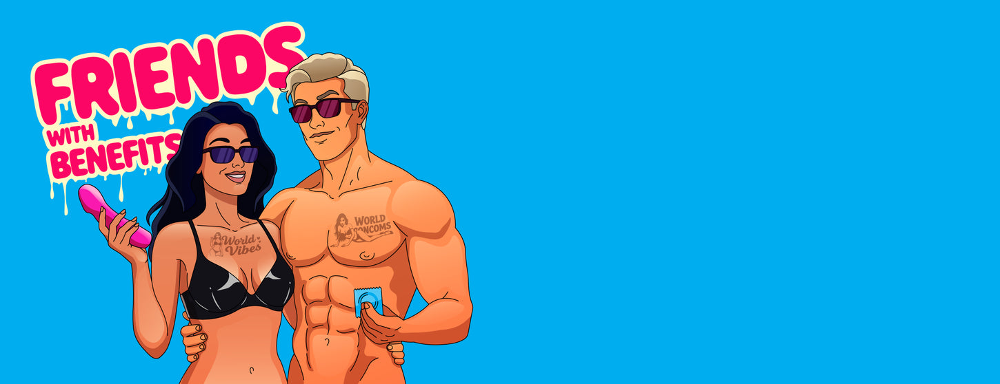 Cartoon characters with 'Friends with Benefits' text on a blue background
