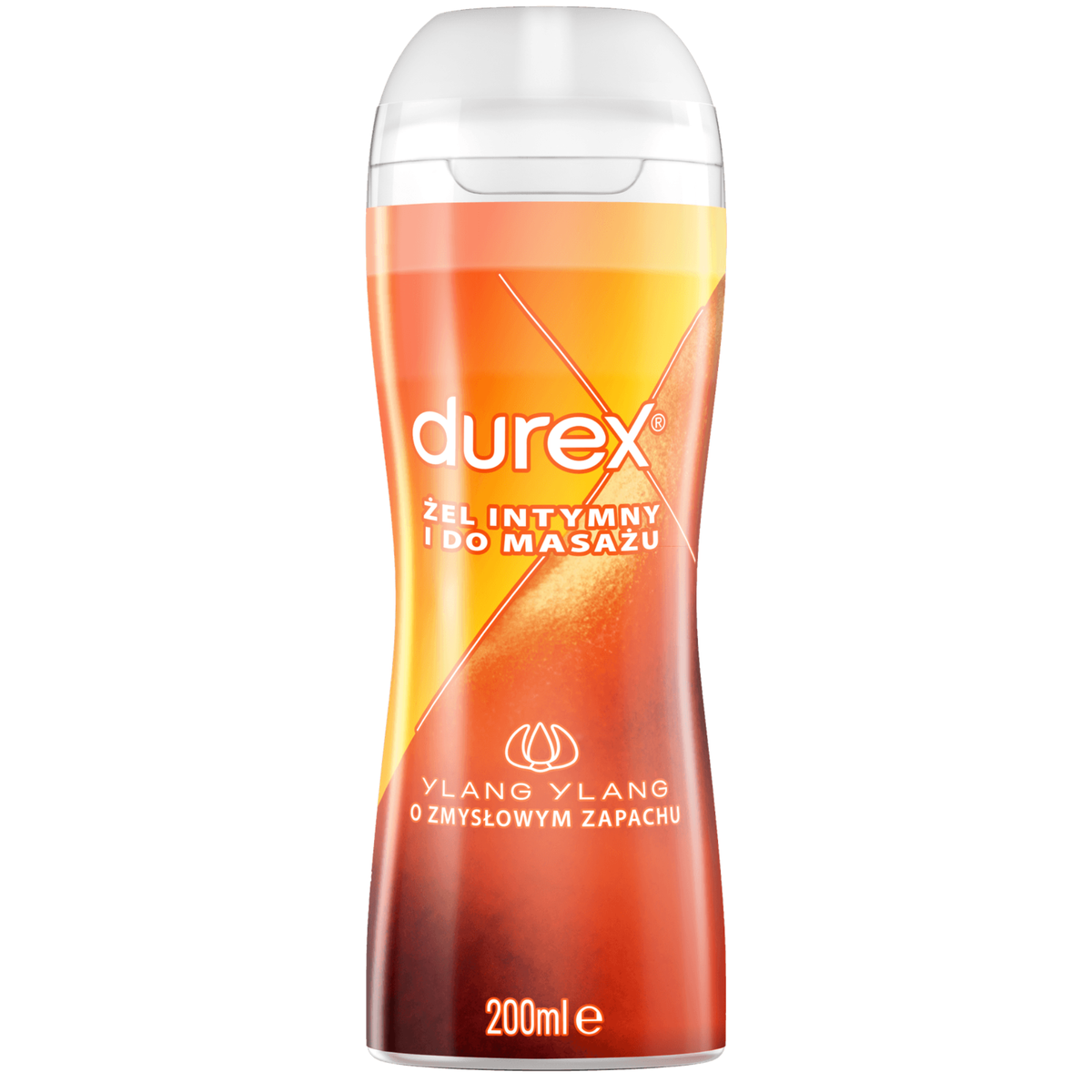 A front-facing image of a 200ml bottle of Durex Massage Lube. The bottle has an ergonomic, curved shape with a translucent orange and red label featuring an 'X' design. The text identifies the scent as 'Ylang Ylang' and describes it in Polish as a gel for both intimate use and massage. Imagen principal del producto