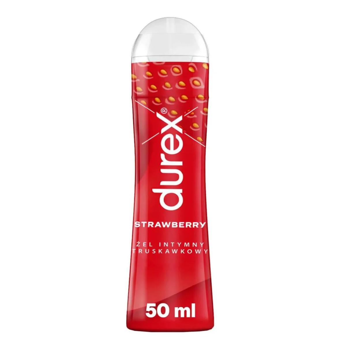 A product shot of a red 50ml bottle of Durex Strawberry lube. The bottle features the Durex logo, the word "STRAWBERRY". Imagen principal del producto