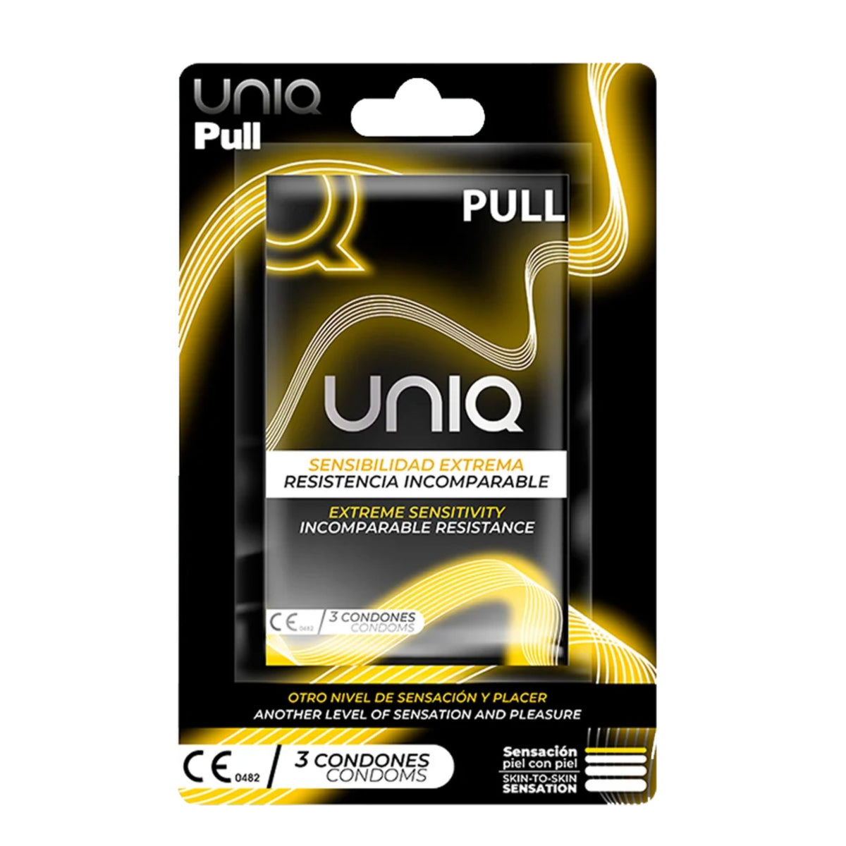 UNIQ Pull condoms packaging front, 3 condoms box, extreme sensitivity design Imagen principal del producto