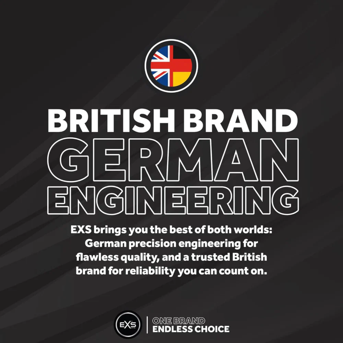 A graphic on a dark, textured background featuring an icon that combines the British Union Jack and the German flag. Large bold text reads "BRITISH BRAND, GERMAN ENGINEERING." The text below explains that EXS combines German precision engineering for quality with a trusted British brand for reliability.
