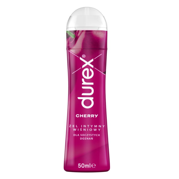 A product shot of a pink 50ml Durex Cherry Lube bottle on a white background, featuring the Durex logo and text in English and Polish.