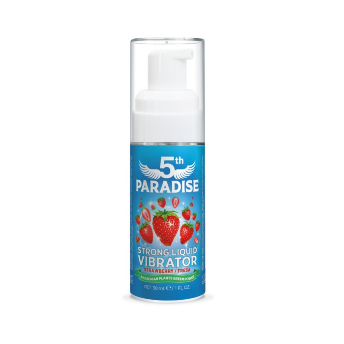 Front studio product shot displaying the 30 ml blue bottle of 5th Paradise Strong Liquid Vibrator Strawberry featuring graphics of fresh strawberries, a white pump dispenser, and a clear protective cap. Imagen principal del producto