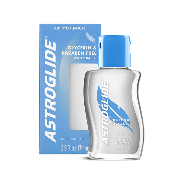 The Astroglide Glycerin & Paraben Free Water-Based Liquid bottle next to its light blue retail box, 2.5 fl oz (74 mL).