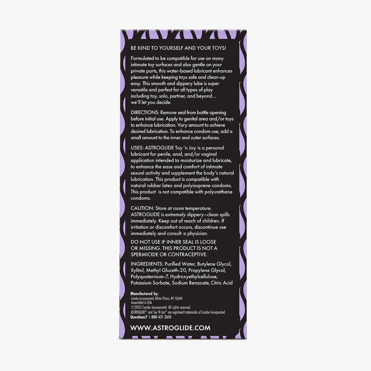 An image of  Astroglide Toy 'N Joy packaging's back, detailing uses, directions, caution, and ingredients.