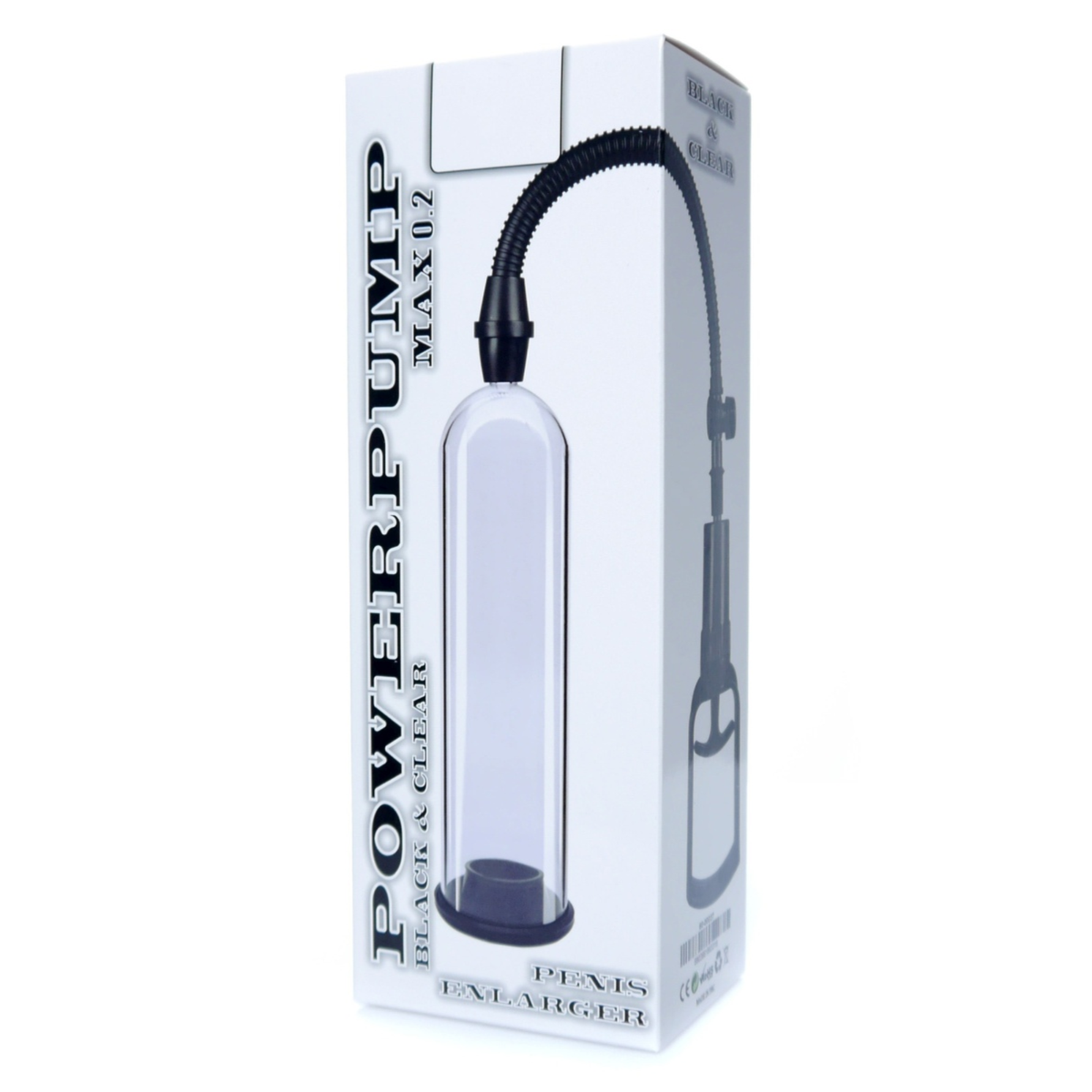 Front studio photo of the product packaging box featuring "POWERPUMP MAX 0.2 BLACK & CLEAR" branding and product imagery. Imagen principal del producto