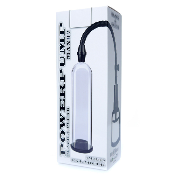 Front studio photo of the product packaging box featuring "POWERPUMP MAX 0.2 BLACK & CLEAR" branding and product imagery.