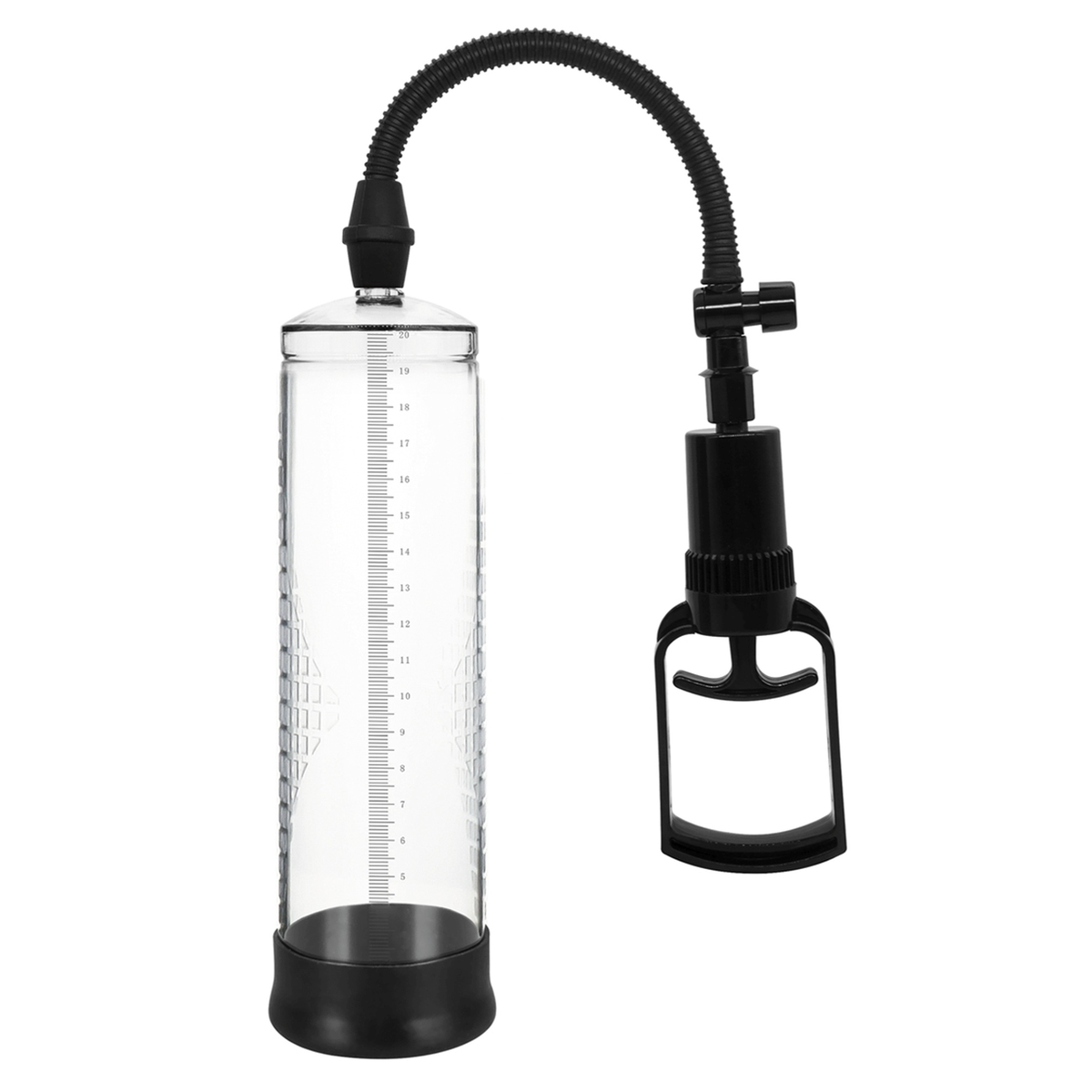 Close-up studio shot of the clear measurement cylinder connected via black hose to the pistol-grip suction pump.