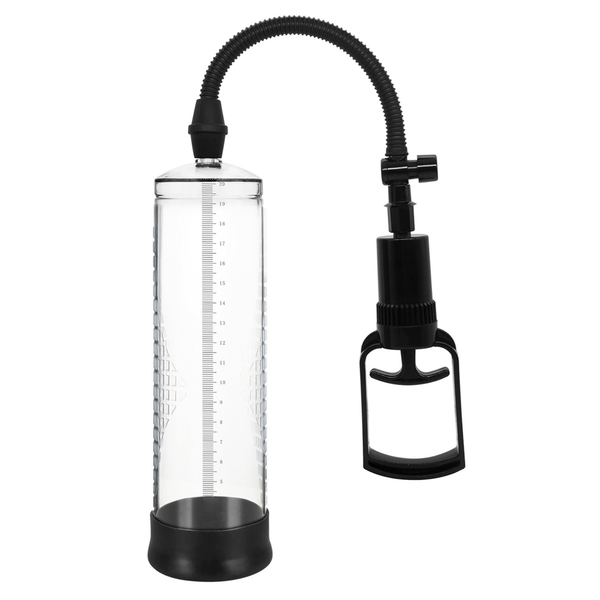 Close-up studio shot of the clear measurement cylinder connected via black hose to the pistol-grip suction pump.