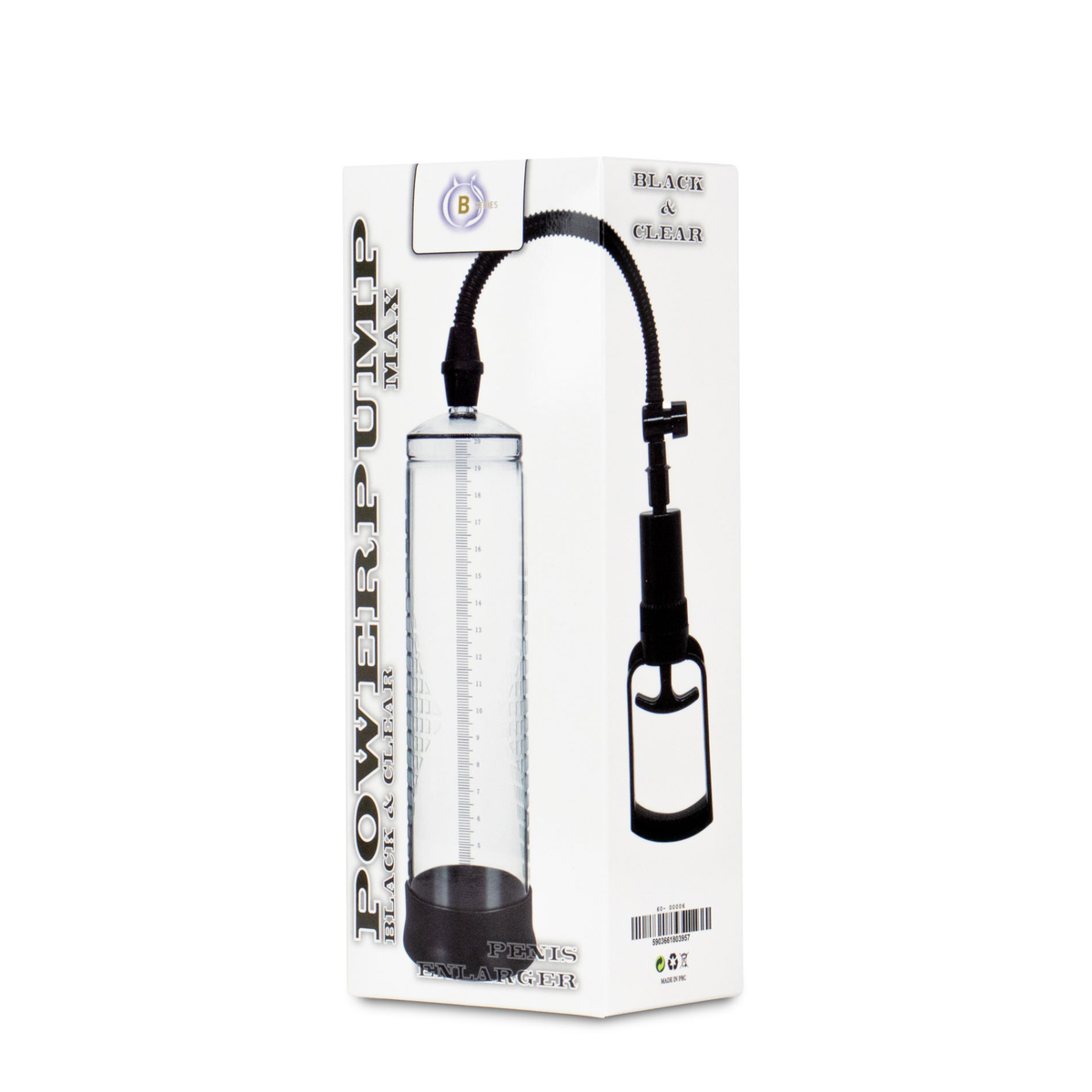 Front packaging shot displaying the white box with "POWERPUMP MAX BLACK & CLEAR PENIS ENLARGER" text and an image of the clear cylinder with black squeeze pump. Imagen principal del producto