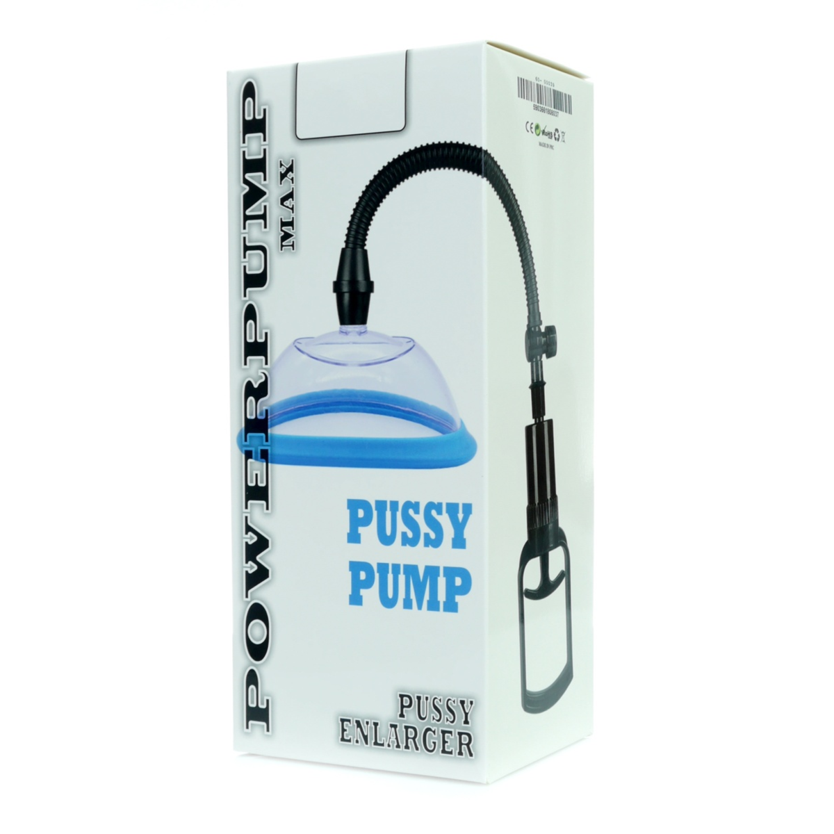 Front packaging shot displaying the white retail box with "POWERPUMP MAX PUSSY PUMP PUSSY ENLARGER" text and product artwork. Imagen principal del producto
