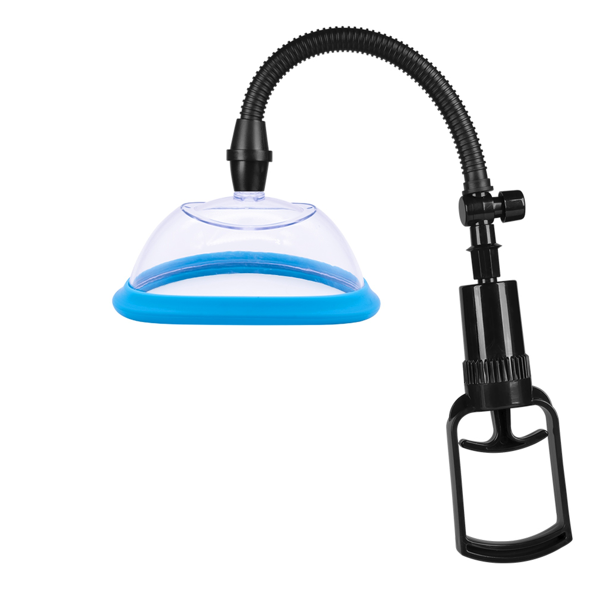 Studio product photo of the clear vacuum suction cup with a blue silicone seal rim connected to a black pistol-grip hand pump.