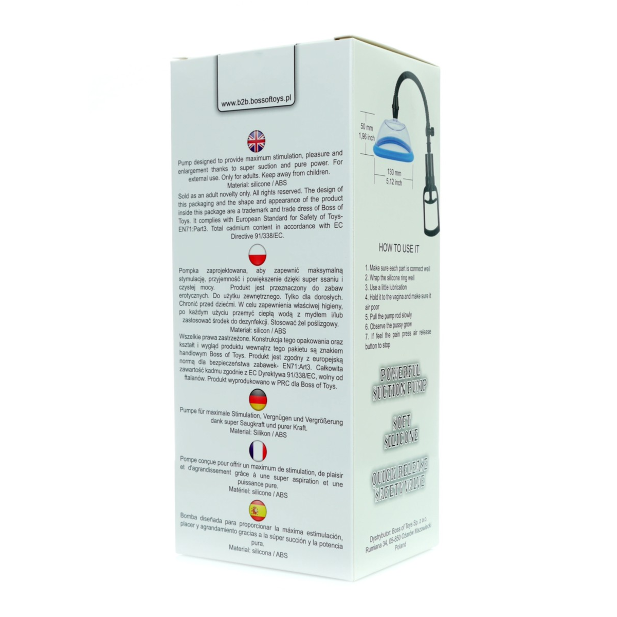 Rear and side packaging box view showing product dimensions, usage steps, feature callouts, and multi-language safety information.
