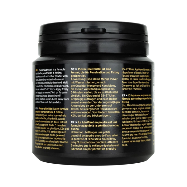 Detailed back view of the black tub showing multi-language instructions and directional text (English, German, Dutch, French, Spanish).