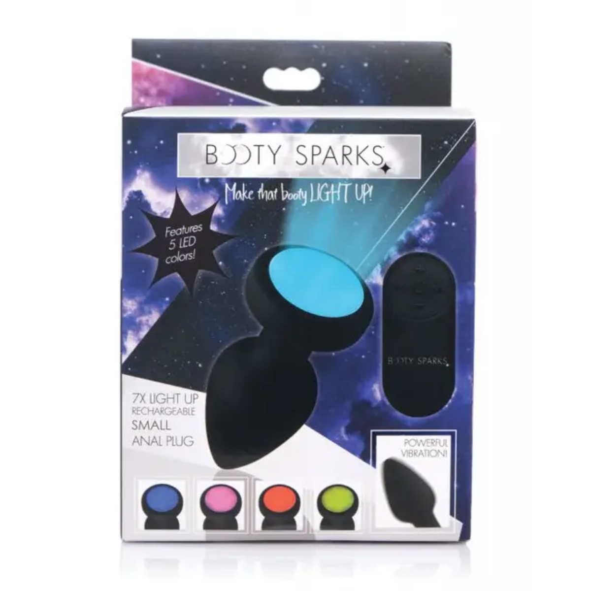 Retail box packaging view for the Booty Sparks 7x Light Up Rechargeable Small Anal Plug featuring galaxy-themed graphics, remote control callout, and 5 LED color option previews. Imagen principal del producto