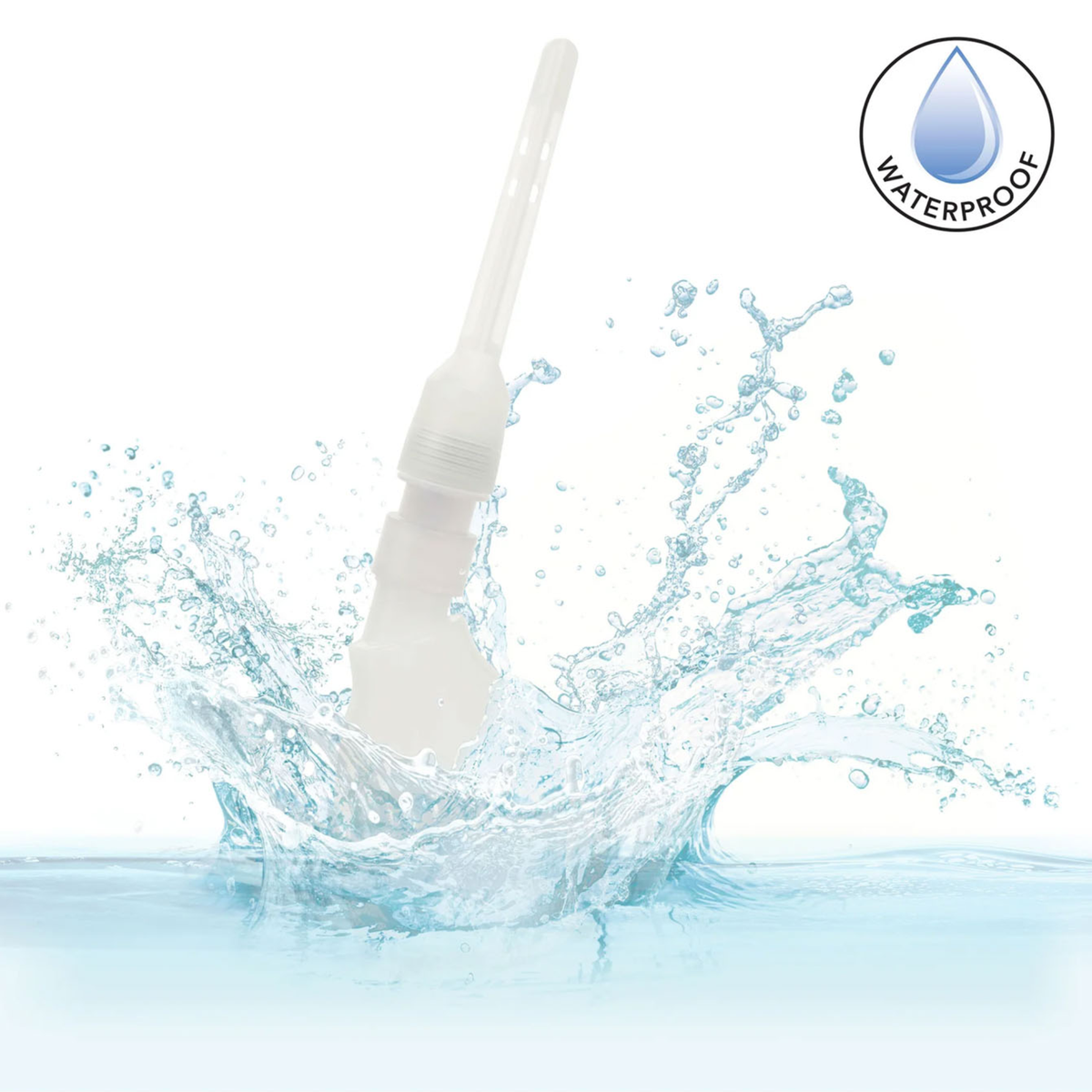 Promotional artwork depicting the assembled translucent douche splashing into water with a circular "WATERPROOF" badge in the upper corner.