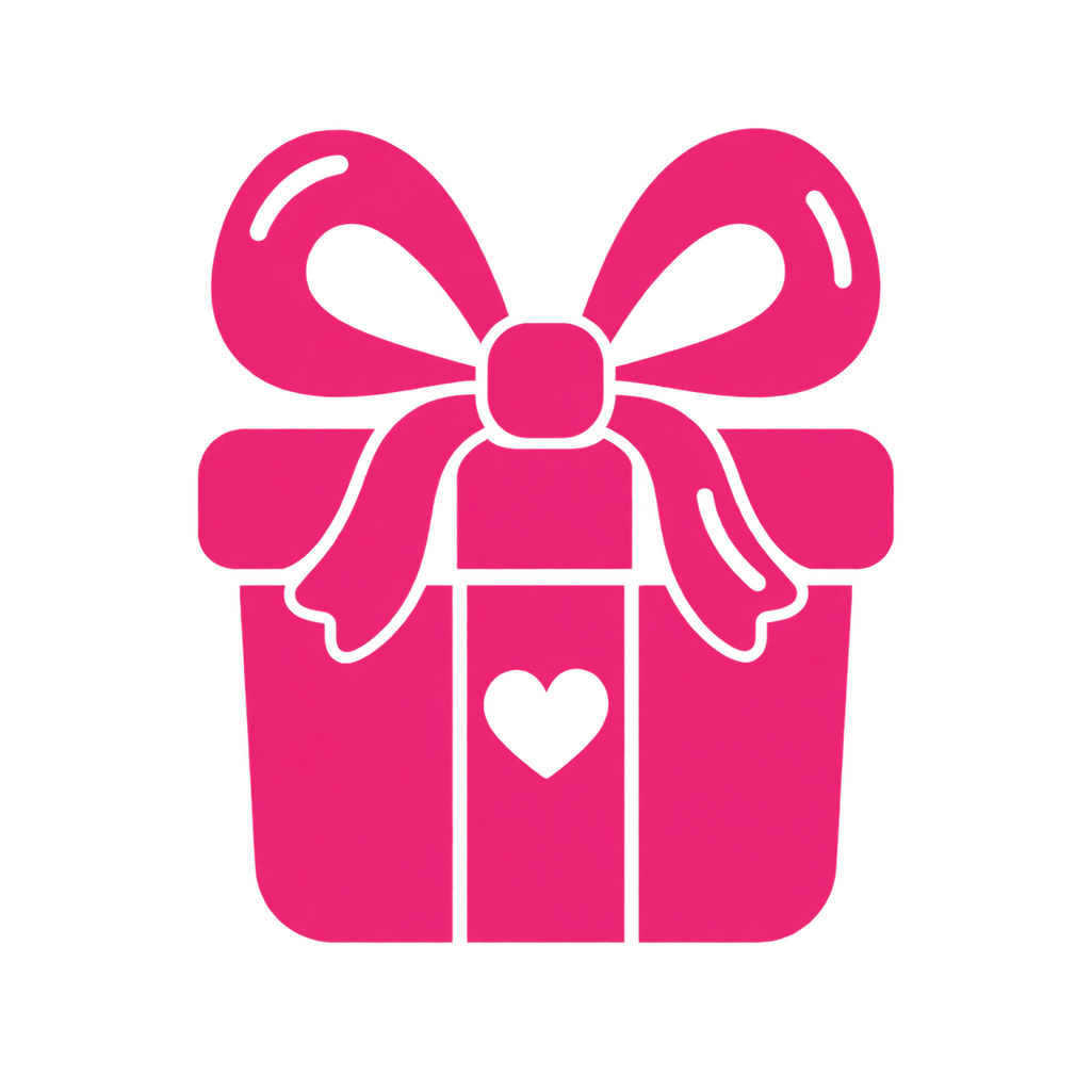 A bright pink gift box icon with a large bow on top and a small white heart on the front, centered on a light gray background.