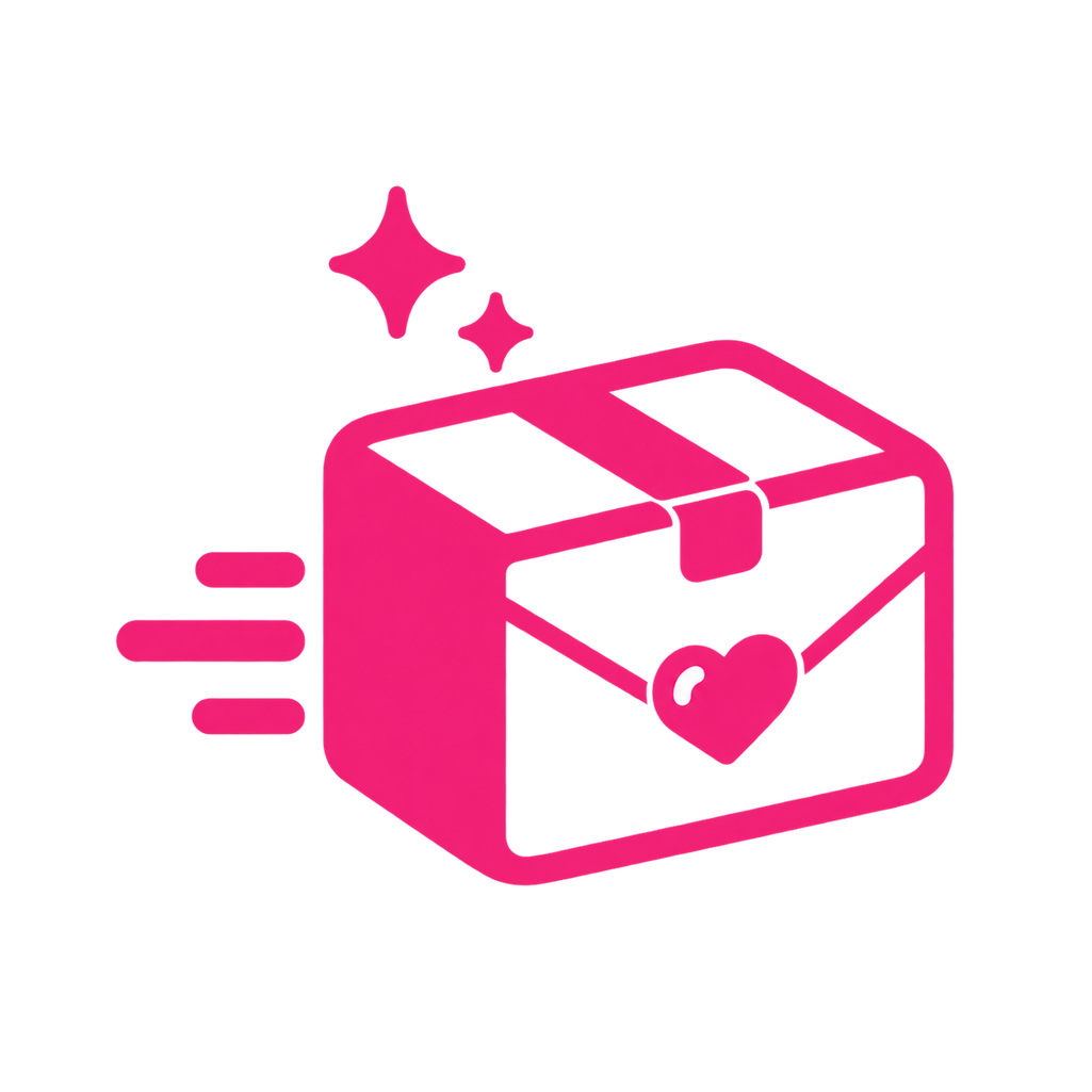 A bright pink stylized package icon with a box, an envelope, a heart, and two sparkles on a plain white background.