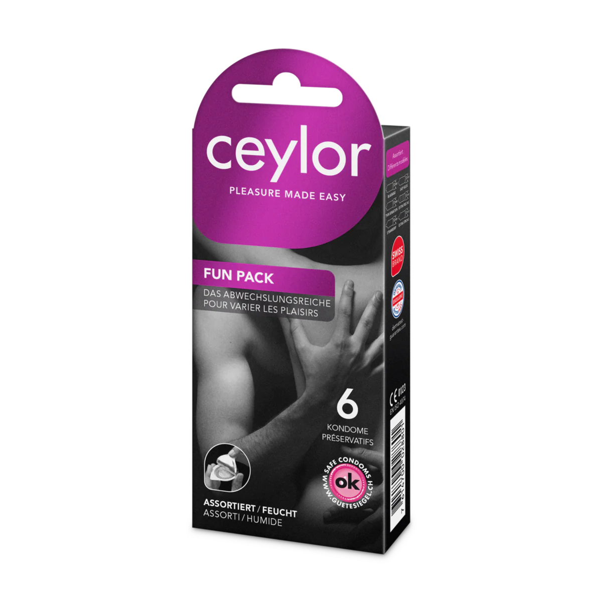 Product photo of a Ceylor 'Fun Pack' assorted condom box containing 6 pieces. The packaging is vibrant magenta and black with white text.