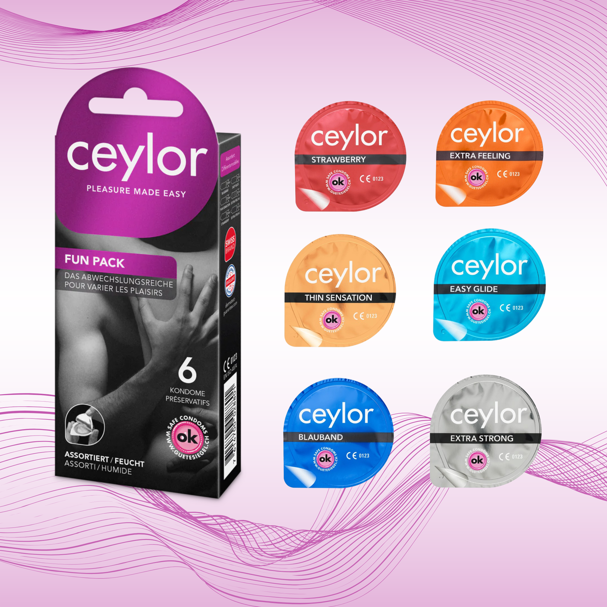 The Ceylor 'Fun Pack' assorted condom box is displayed next to six individual foil packets representing the variety inside: Strawberry (red), Extra Feeling (orange), Thin Sensation (light orange), Easy Glide (light blue), Blauband (dark blue), and Extra Strong (silver).