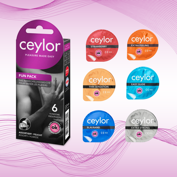 The Ceylor 'Fun Pack' assorted condom box is displayed next to six individual foil packets representing the variety inside: Strawberry (red), Extra Feeling (orange), Thin Sensation (light orange), Easy Glide (light blue), Blauband (dark blue), and Extra Strong (silver).
