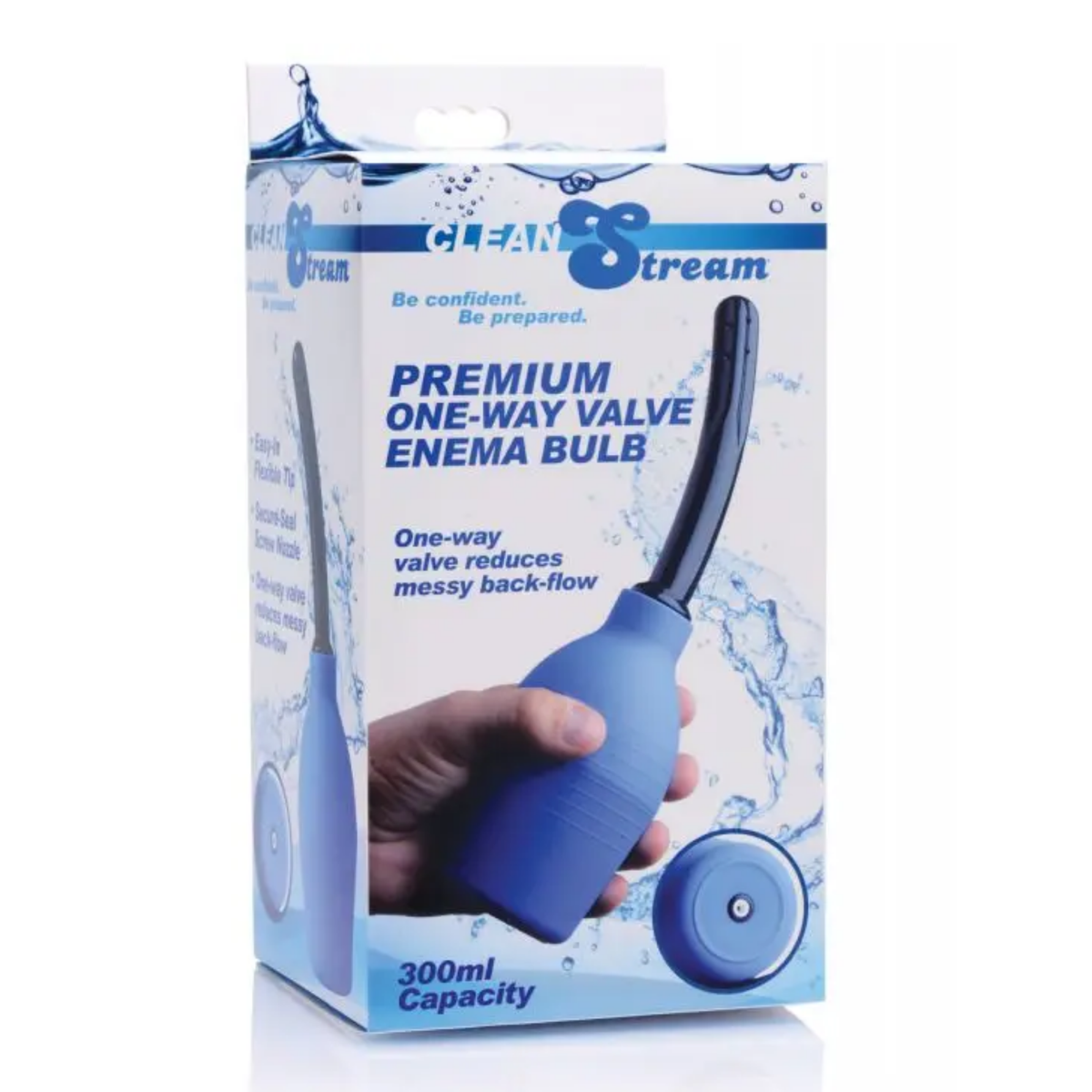 Front packaging shot showing the retail box for the CleanStream Premium One-Way Valve Enema Bulb highlighting its 300ml capacity and anti-backflow feature. Imagen principal del producto