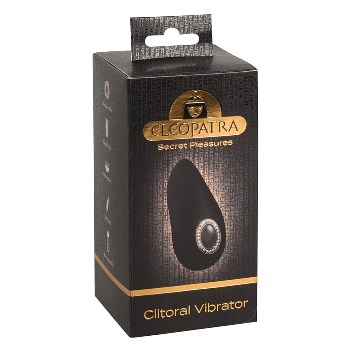 Studio packaging shot of the black and gold Cleopatra Secret Pleasures Clitoral Vibrating Massager box standing at a three-quarter angle against a white background, featuring hieroglyphic patterns, feature icons, and a product image. Imagen principal del producto