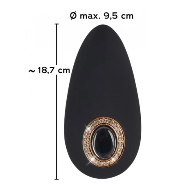 Product dimension diagram displaying the teardrop-shaped clitoral massager with labeled measurements of approximately 18.7 cm in length and up to 9.5 cm in diameter.