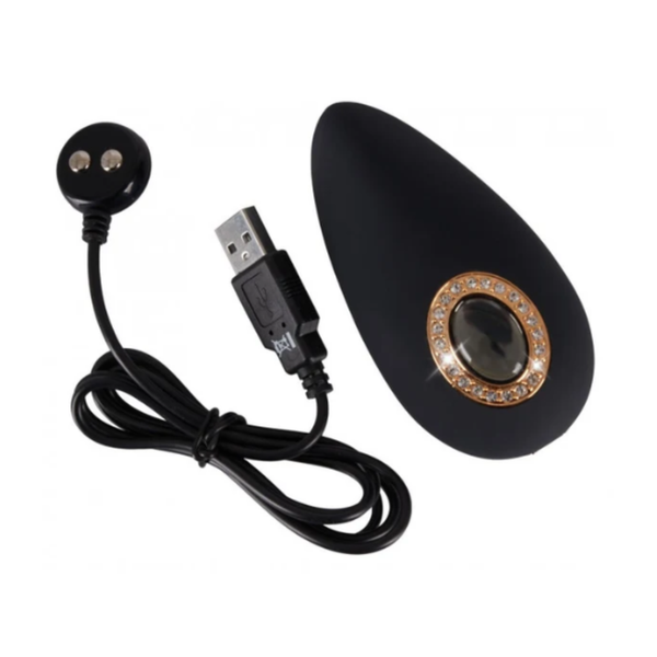 Overhead view of the black Cleopatra clitoral massager laid out alongside its included black magnetic USB charging cable.
