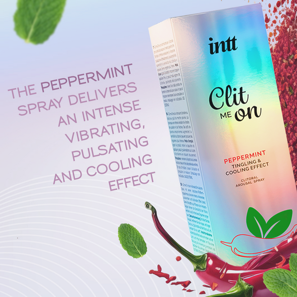 intt Clit Me On peppermint spray packaging with product description text on a colorful background.