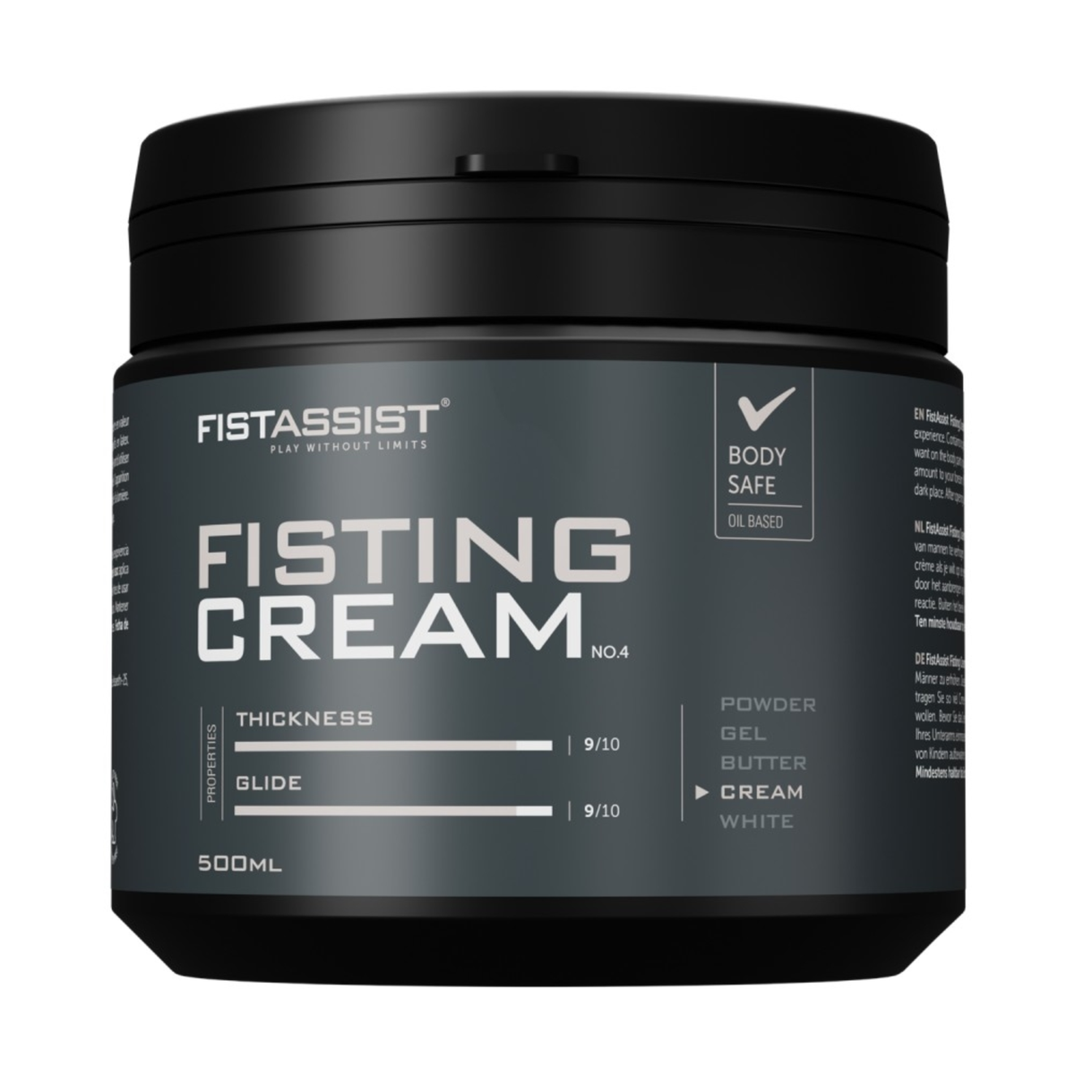 Front studio shot of the 500 ml FistAssist Fisting Cream No. 4 tub against a dark background, showcasing its oil-based formula label with equal 9/10 ratings for thickness and glide. Imagen principal del producto