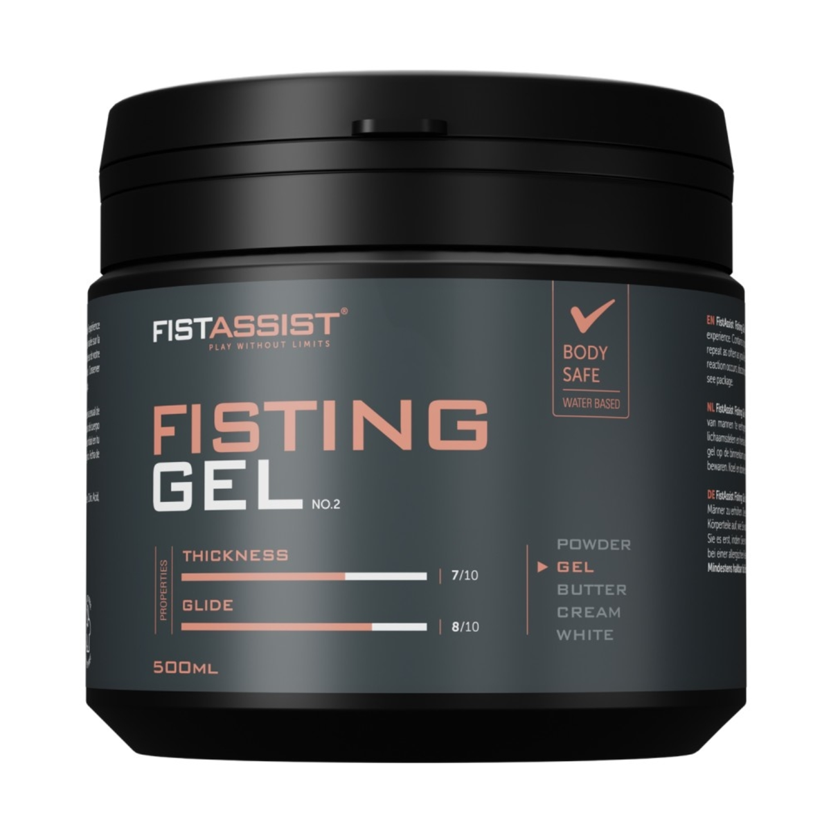 Front studio shot of the 500 ml FistAssist Fisting Gel No. 2 tub against a white background, featuring coral and white text detailing product ratings for thickness (7/10) and glide (8/10). Imagen principal del producto