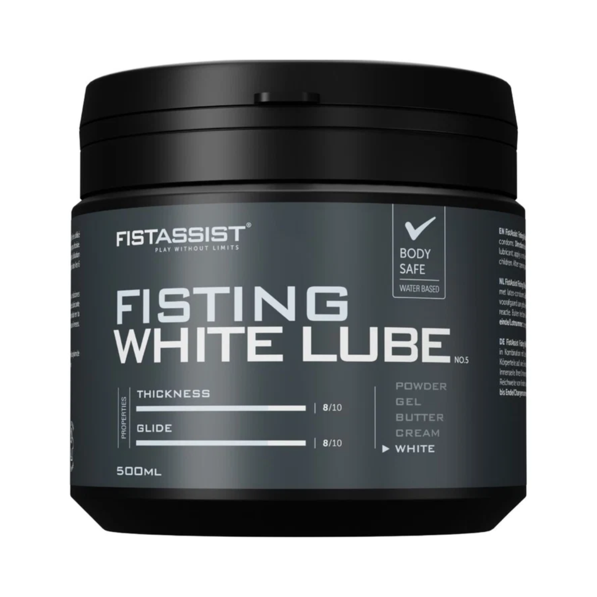 Front studio shot of the 500 ml FistAssist Fisting White Lube No. 5 tub against a dark background, featuring light blue and white text detailing equal 8/10 ratings for both thickness and glide.