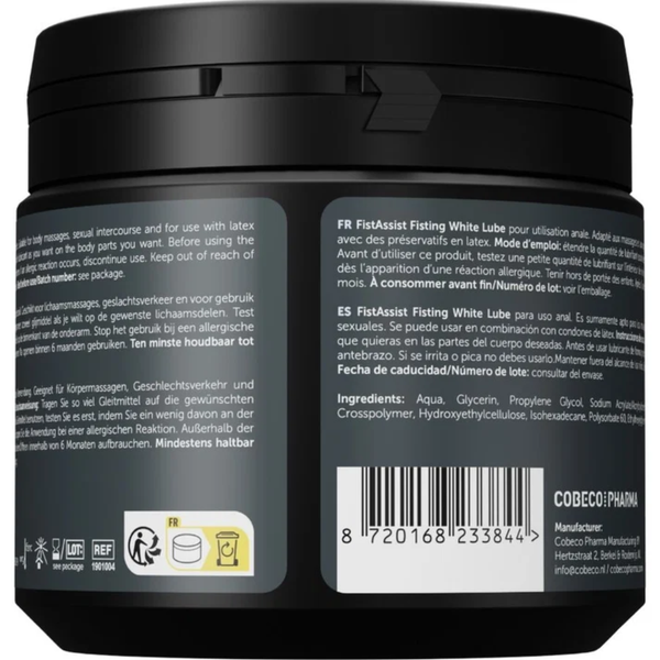 Back view of the 500 ml FistAssist Fisting White Lube No. 5 tub displaying multi-language instructions, product ingredients, barcode, and manufacturer details for Cobeco Pharma.