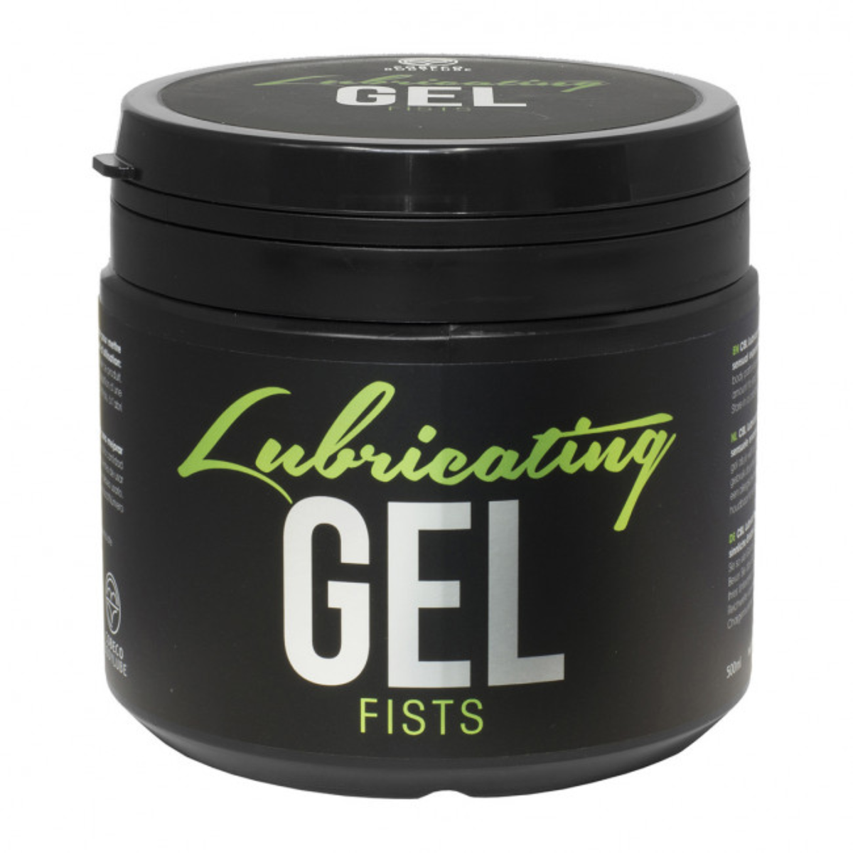 Studio product shot of a black 500 ml / 17 fl oz tub of Cobeco Lubricating Gel Fists against a white background, featuring green script lettering for "Lubricating" above bold white text for "GEL" and green text for "FISTS". Imagen principal del producto
