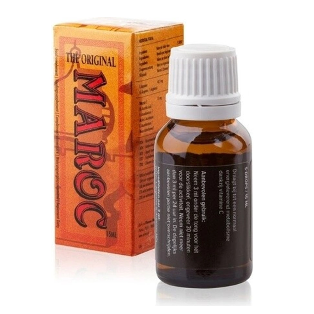 Studio packaging shot showing the 15 ml amber glass dropper bottle of Cobeco The Original Maroc Spanish Fly standing in front of its gold and red box. Imagen principal del producto
