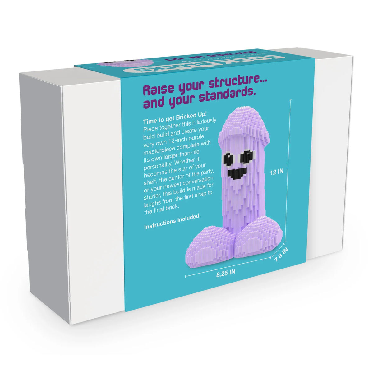 Back packaging view detailing product information ("Raise your structure... and your standards.") alongside diagrams showing assembled model dimensions (12" height, 8.25" width, 7.8" depth) and 3265-piece kit details.