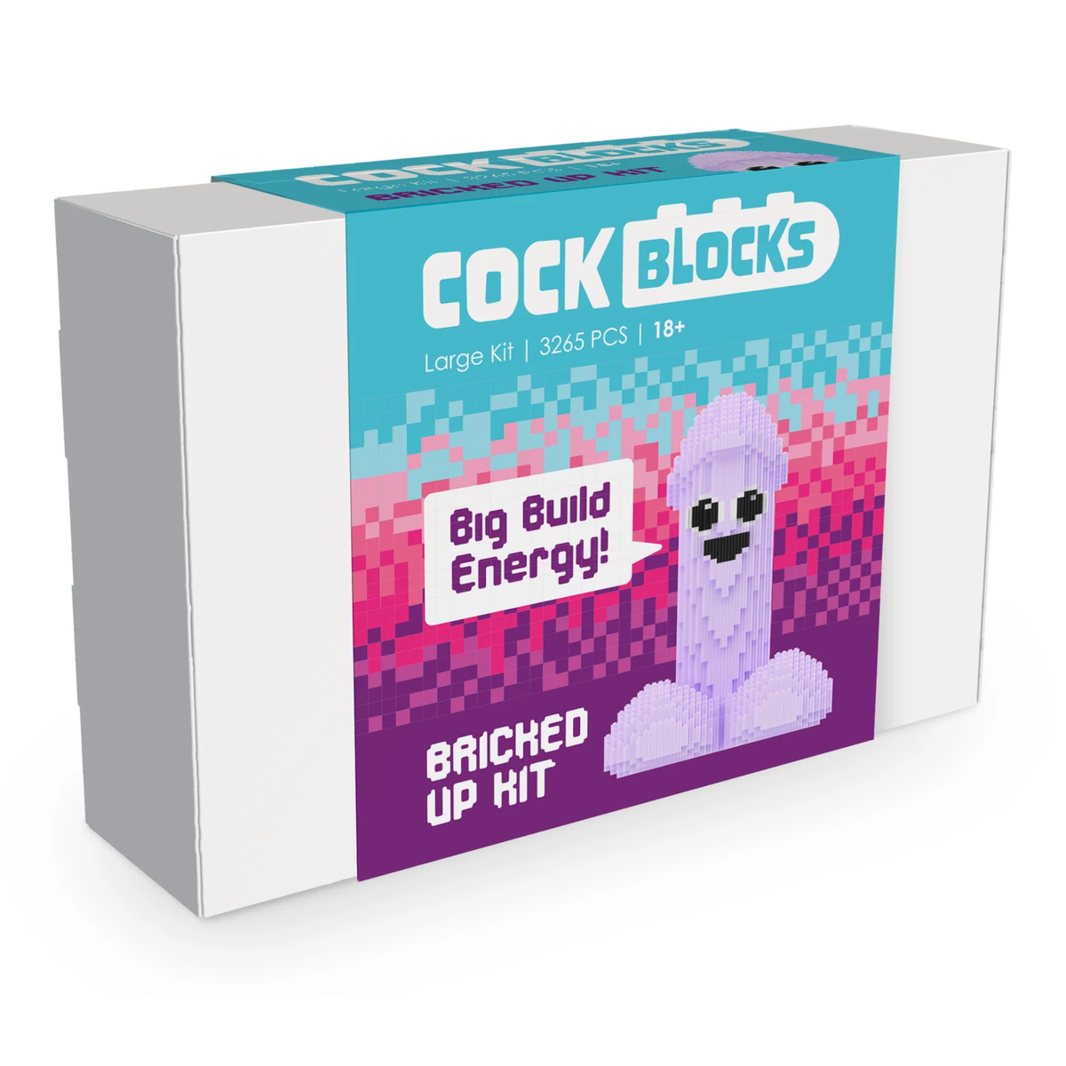 Front packaging box view of the Cock Blocks Bricked Up Kit featuring cyan and purple pixel art graphics and the slogan "Big Build Energy!"