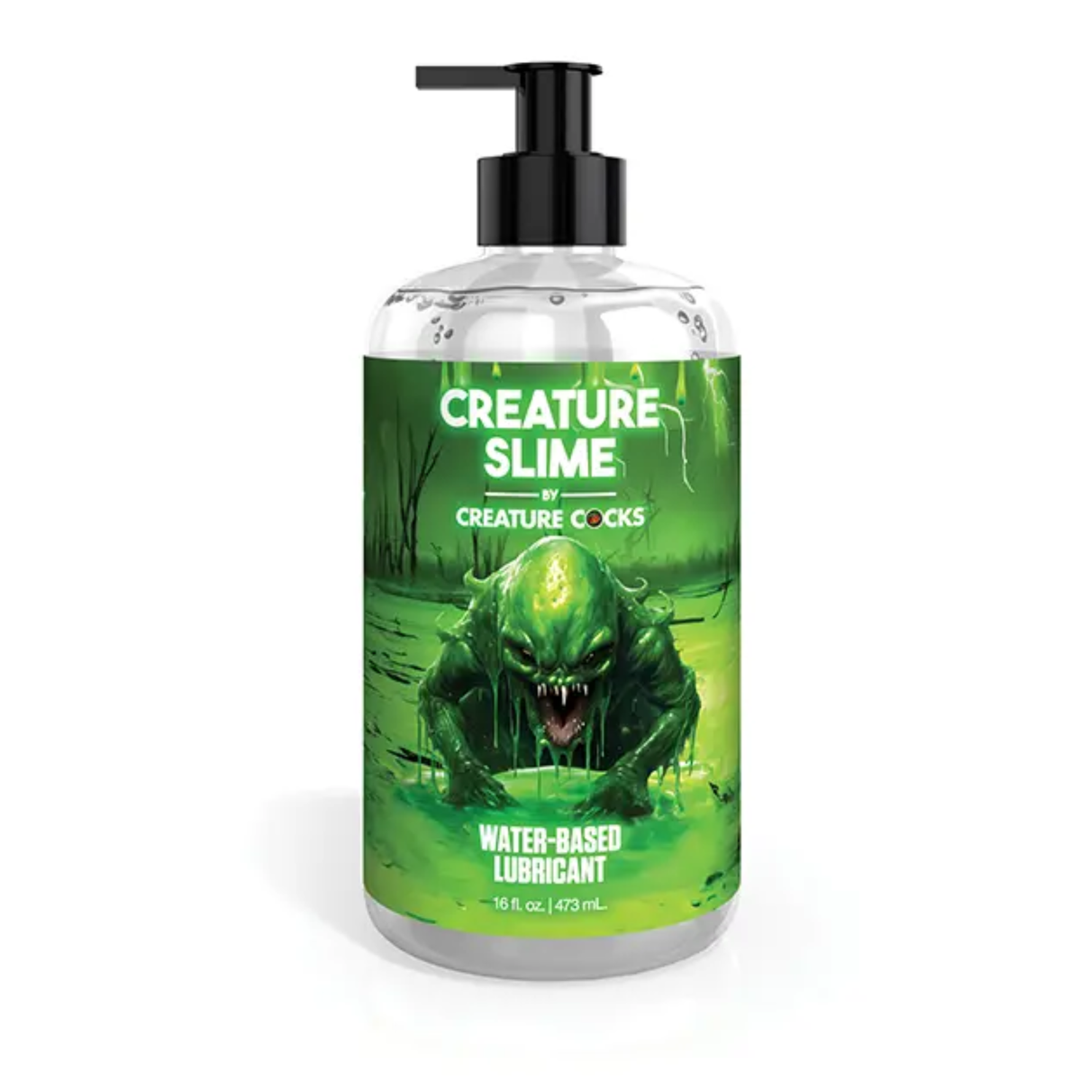 Front studio view of the 16 fl oz (473 ml) clear pump bottle of Creature Cocks Creature Slime Water-Based Lubricant, featuring swamp monster artwork on a green label. Imagen principal del producto