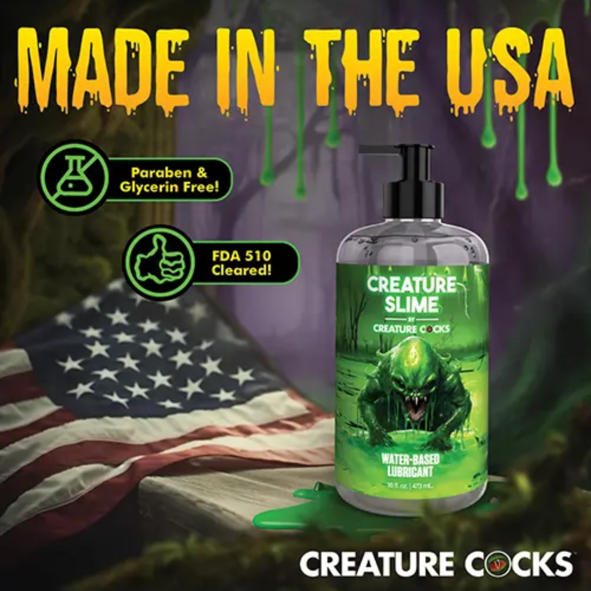Marketing banner titled "Made in the USA" displaying the pump bottle next to an American flag, with callout badges for paraben/glycerin-free and FDA 510(k) cleared.