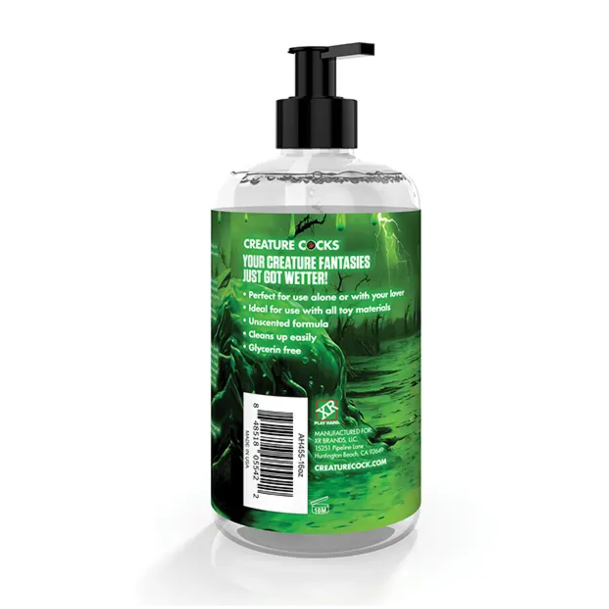 Studio view focusing on the side-back panel of the pump bottle, showing product features (unscented, glycerin-free, all-toy compatible), barcode, and manufacturer details.