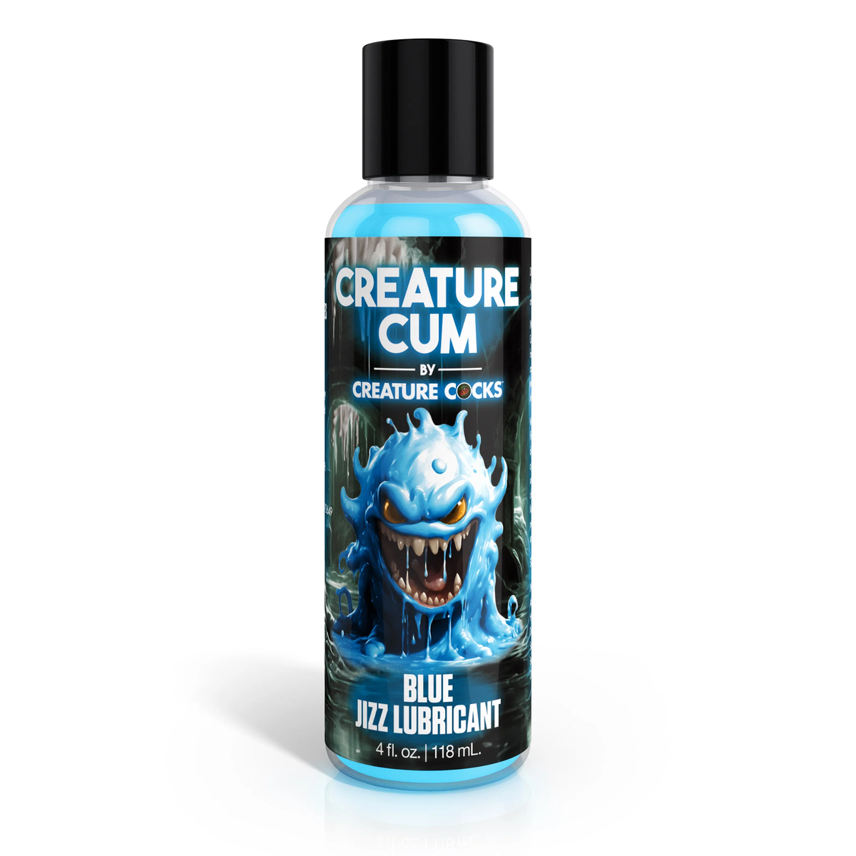 Front studio view of the 4 fl oz (118 ml) clear squeeze bottle of Creature Cum Blue Water-Based Jizz Lubricant, featuring a blue slime monster illustration and a black cap. Imagen principal del producto