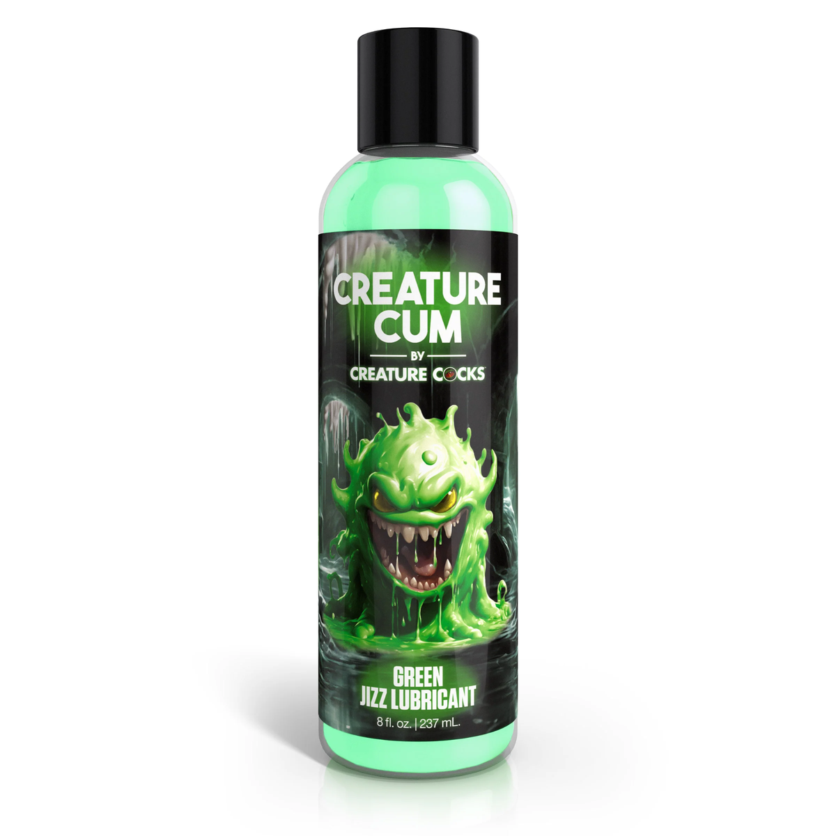Front studio view of the 8 fl oz (237 ml) clear squeeze bottle of Creature Cum Green Water-Based Jizz Lubricant, featuring a green slime monster illustration and a black cap. Imagen principal del producto