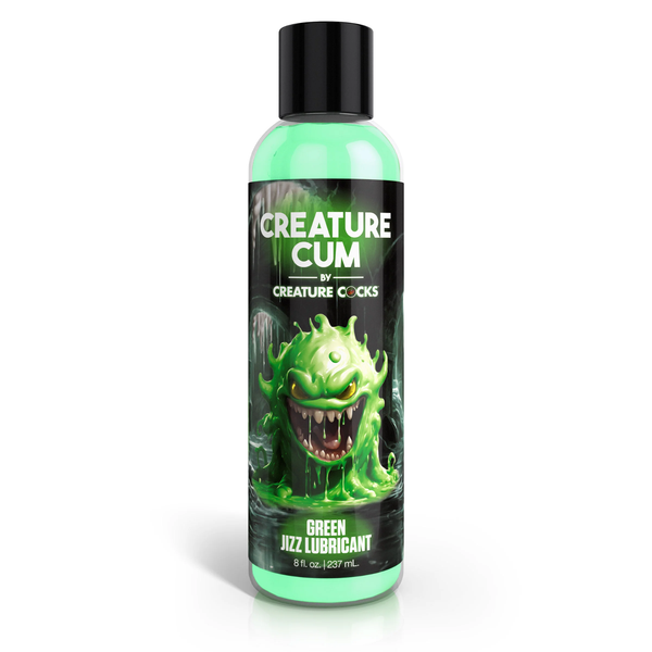 Front studio view of the 8 fl oz (237 ml) clear squeeze bottle of Creature Cum Green Water-Based Jizz Lubricant, featuring a green slime monster illustration and a black cap.